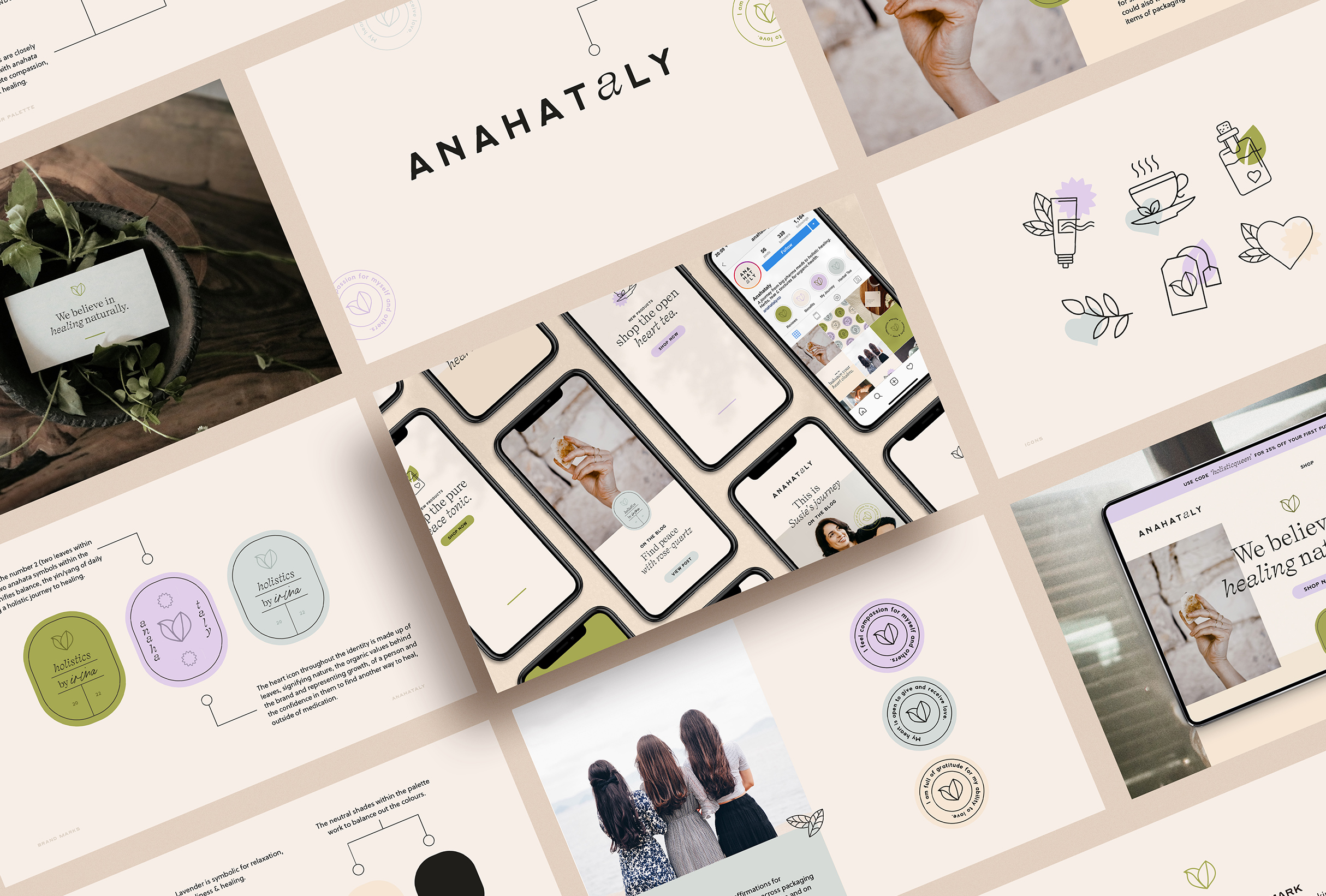 Brand presentation for Anahataly, nourishing herbal products to aid others on their natural journey to optimal health - designed by Wiltshire-based graphic designer, Kaye Huett