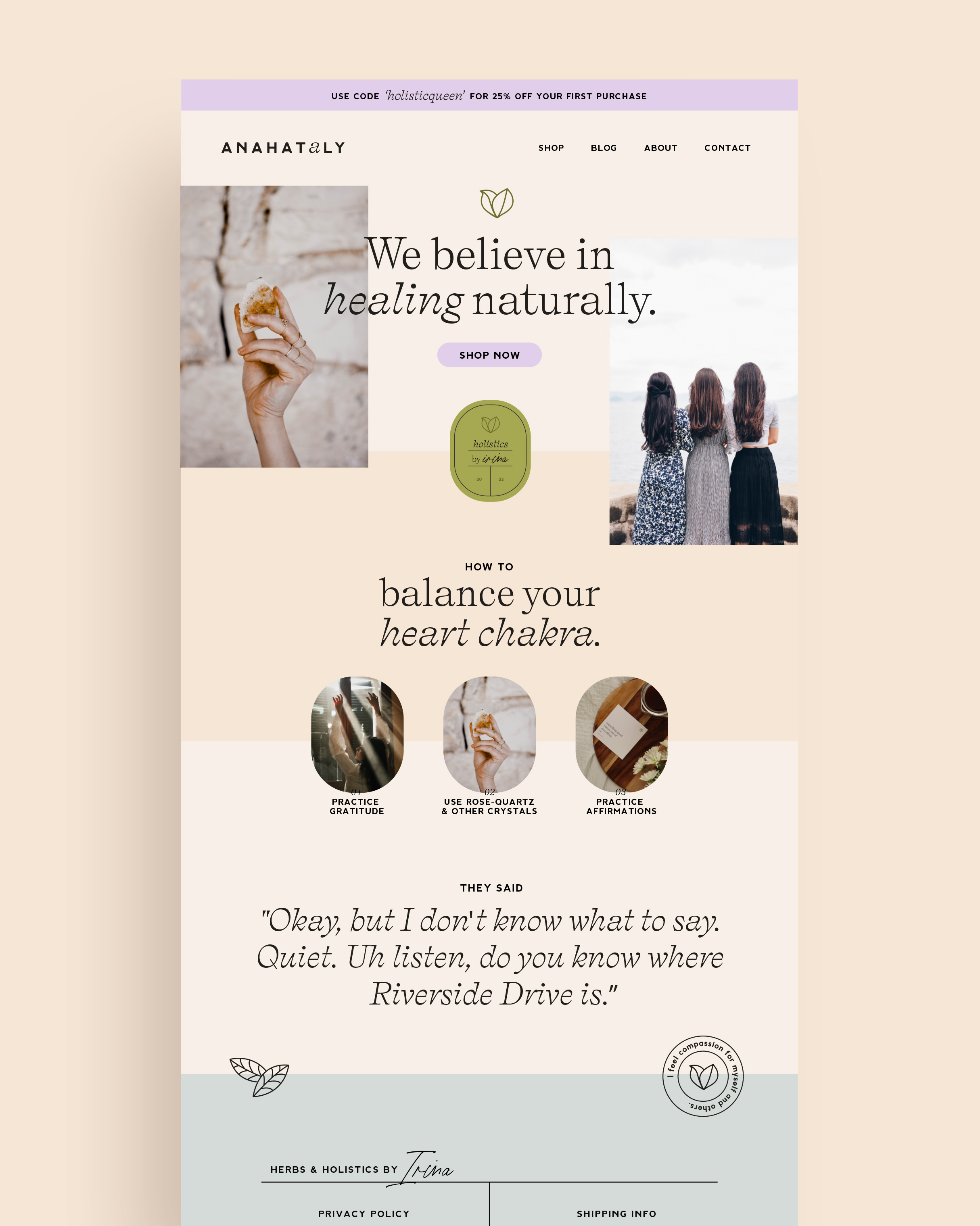 Website mock-up for Anahataly, nourishing herbal products to aid others on their natural journey to optimal health - designed by Wiltshire-based graphic designer, Kaye Huett