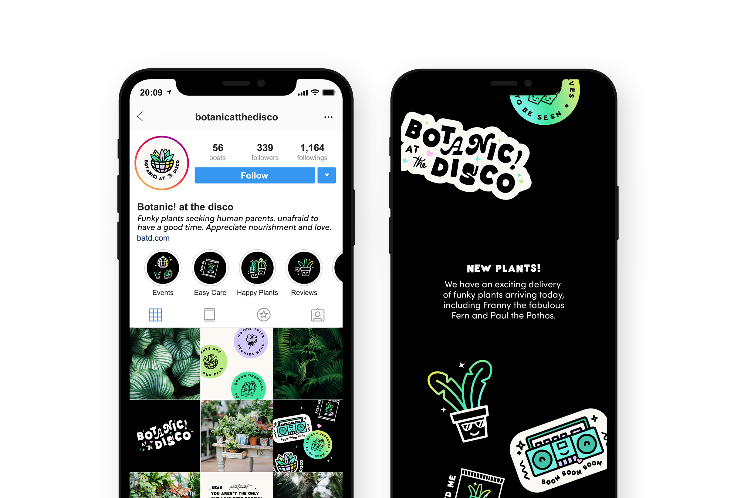 Instagram design for Botanic! at the Disco is a funky plant shop based in Seattle - designed by Wiltshire-based graphic designer, Kaye Huett