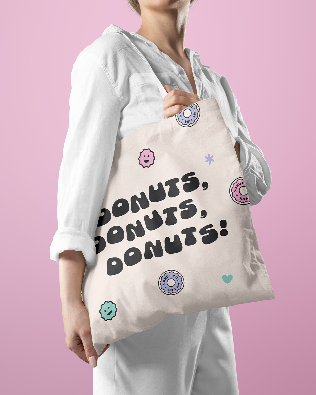 Tote bag for Dough Joy, a plant-based, yeast-raised donut truck in Seattle - designed by Wiltshire-based graphic designer, Kaye Huett
