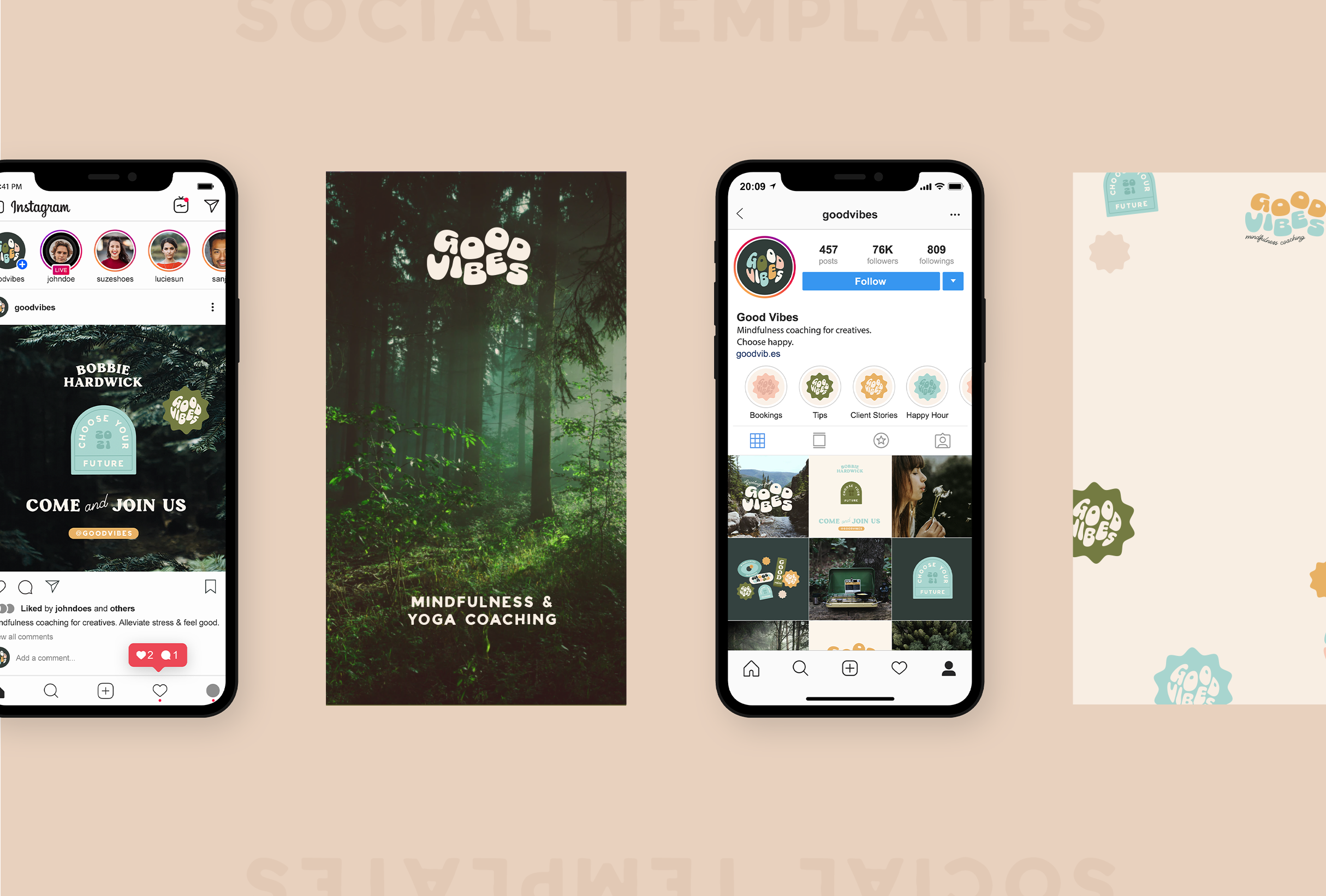 Instagram grid and story templates for Bobbie at Good Vibes, a mindfulness & coaching business for women within the creative & tech industries - designed by Wiltshire-based graphic designer, Kaye Huett