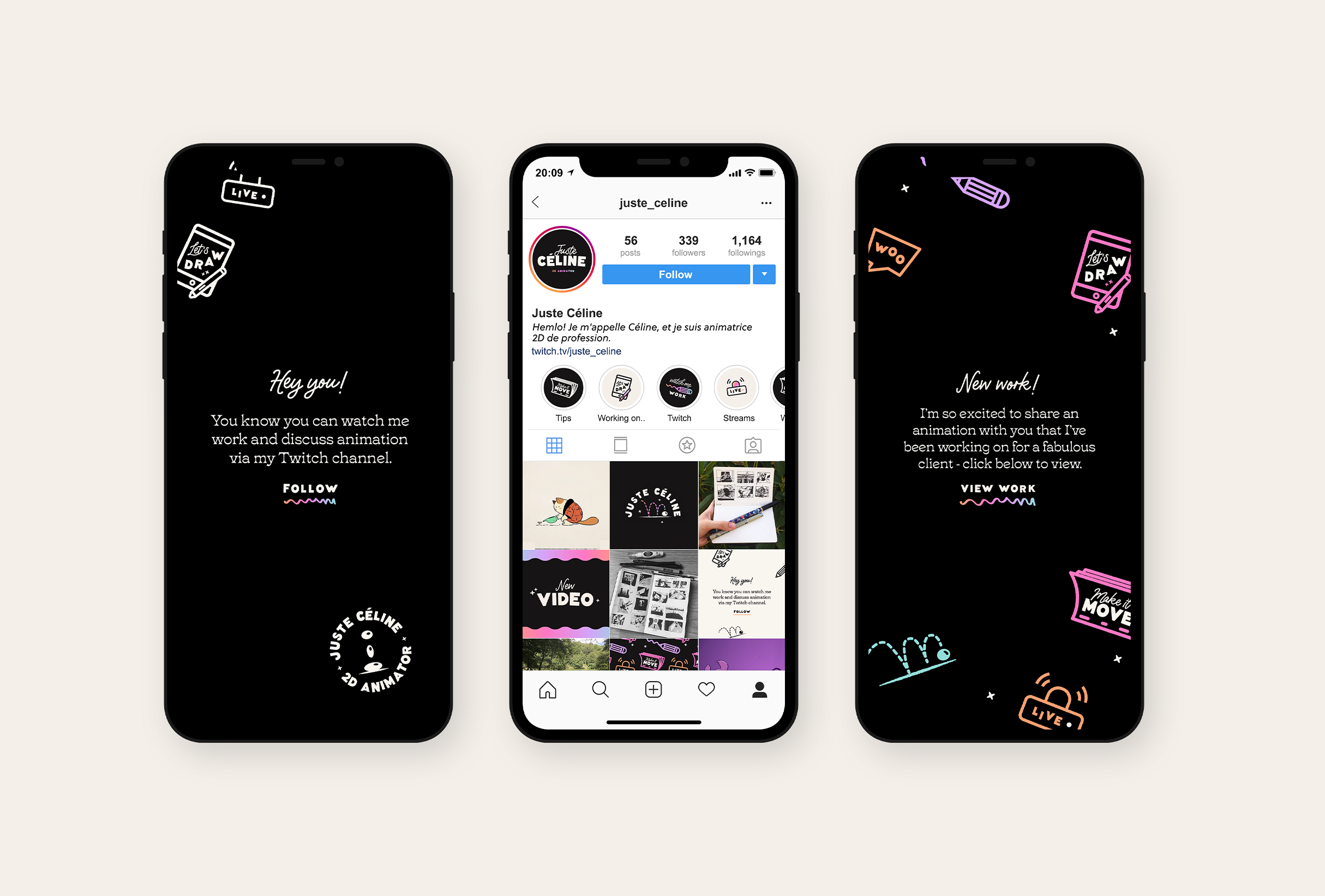 Instagram strategy for Juste Céline, Twitch streamer and 2D animator - designed by Wiltshire-based graphic designer, Kaye Huett