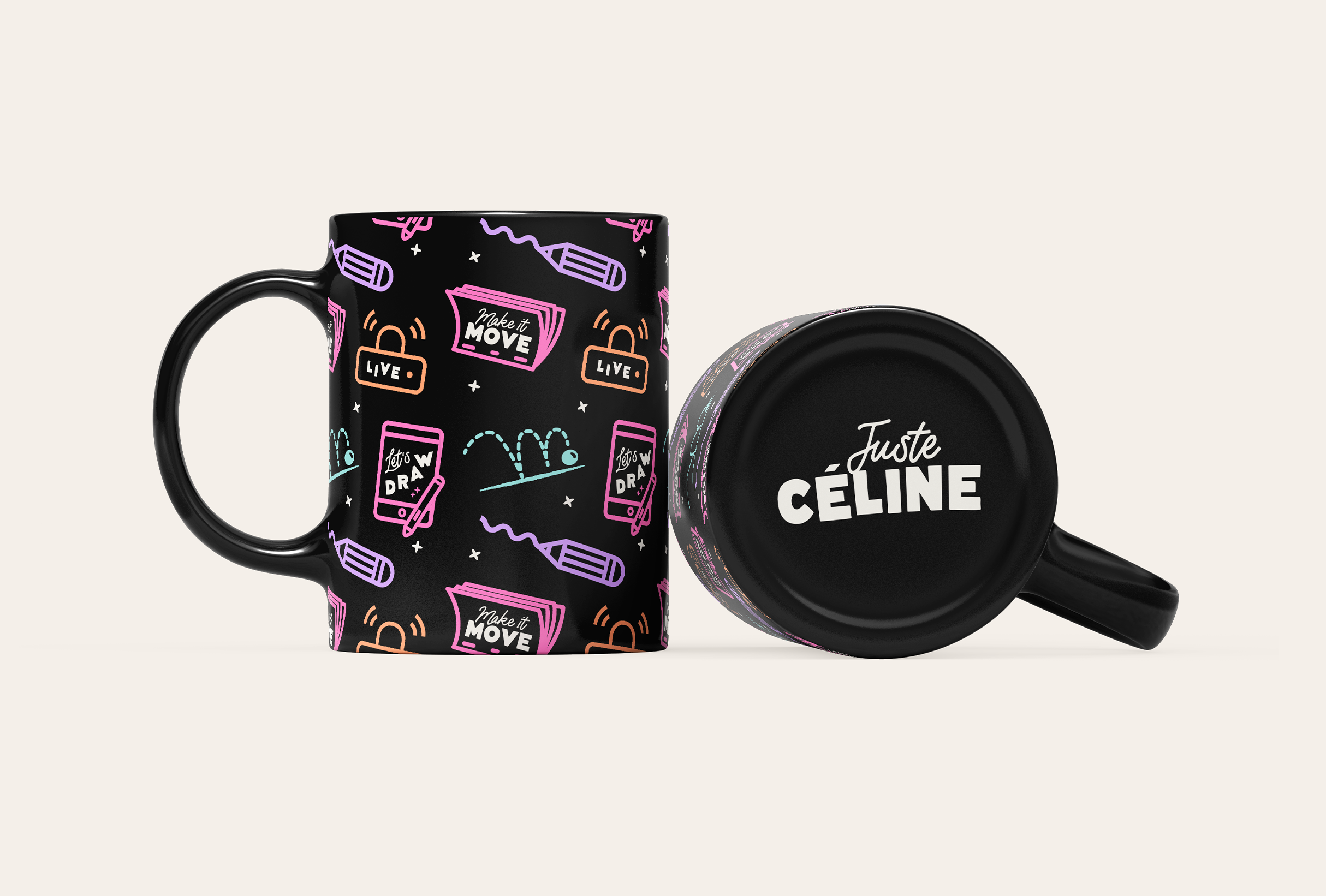 Mug design for Juste Céline, Twitch streamer and 2D animator - designed by Wiltshire-based graphic designer, Kaye Huett