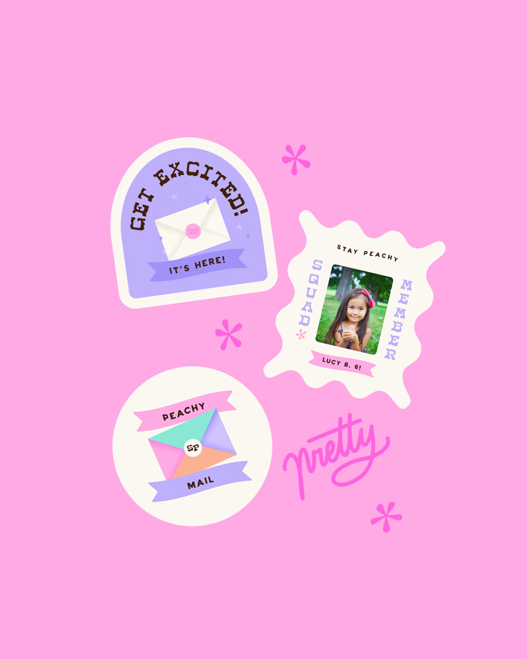Sticker designs for Stay Peachy, an online store selling Megan Plays merchandise - designed by Wiltshire-based graphic designer, Kaye Huett